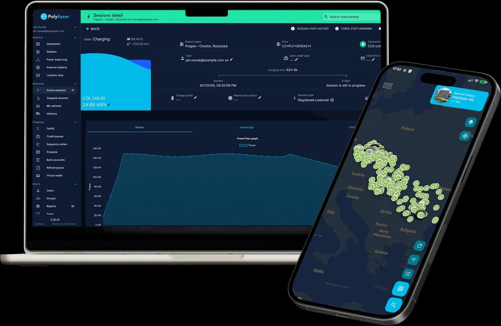 Software Polyfazer na notebooku a v mobilní aplikaci: detail nabíjecí relace a mapa stanic